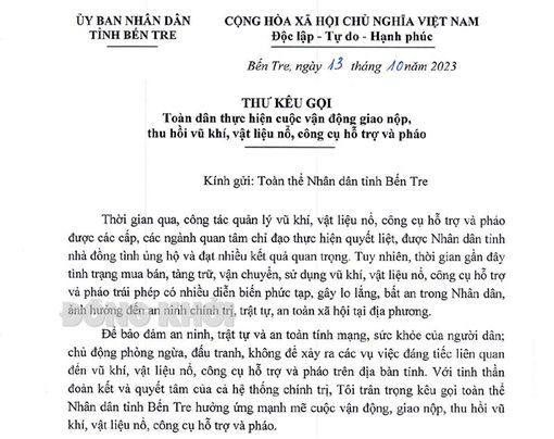 Kêu gọi toàn dân thực hiện cuộc vận động giao nộp, thu hồi vũ khí, vật liệu nổ, công cụ hỗ trợ và pháo Kêu gọi toàn dân thực hiện cuộc vận động giao nộp, thu hồi vũ khí, vật liệu nổ, công cụ hỗ trợ và pháo