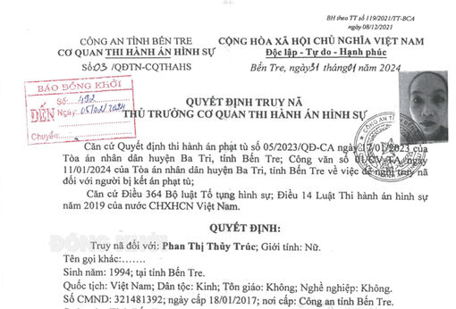 Quyết định truy nã đối với Phan Thị Thủy Trúc