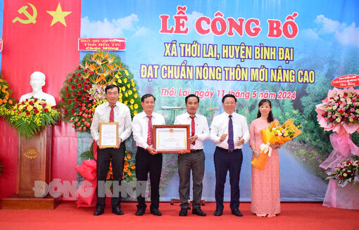 Lễ công bố xã Thới Lai (Bình Đại) đạt chuẩn nông thôn mới nâng cao
